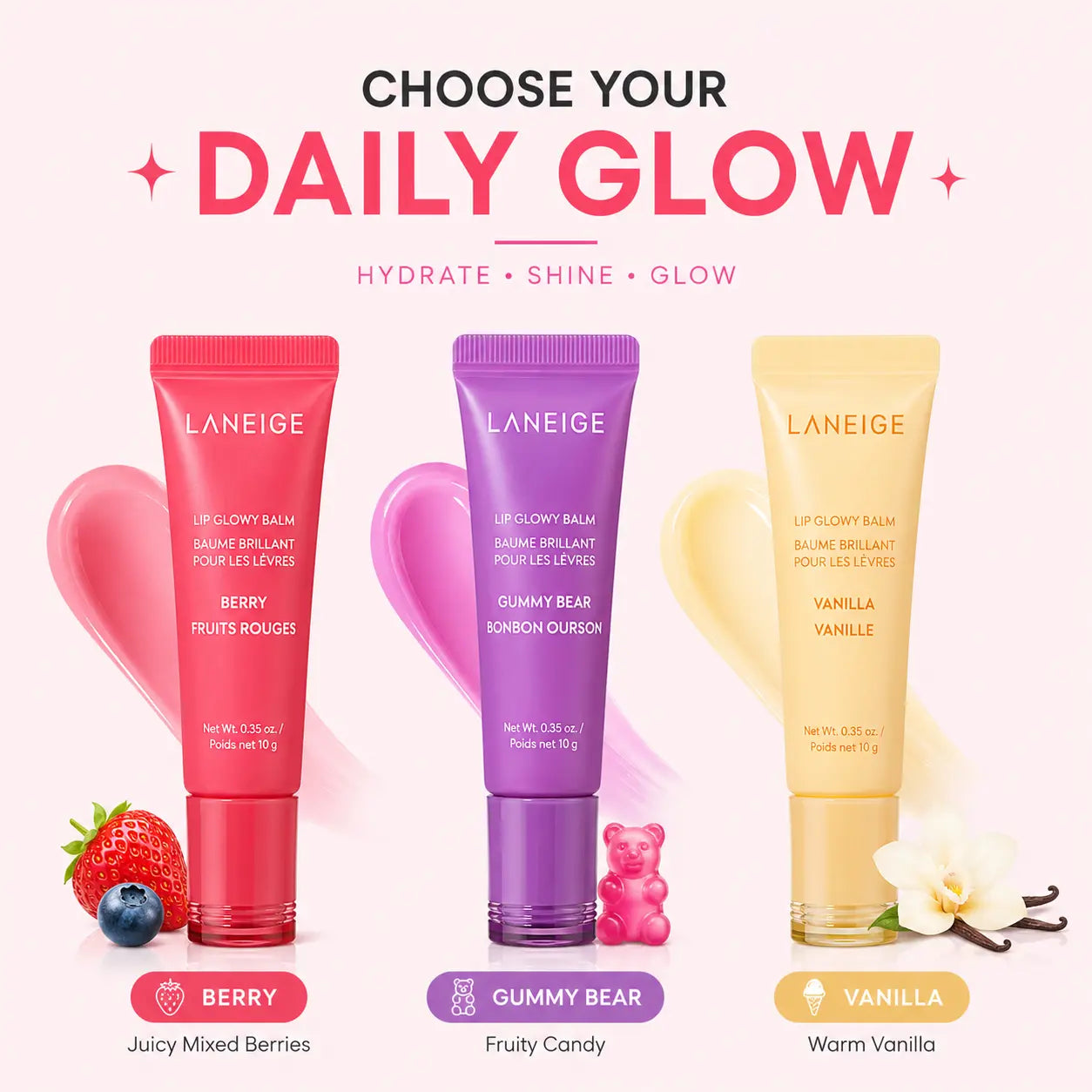 Laneige Lip Glowy Balm Trio (Berry, Gummy Bear & Vanilla)